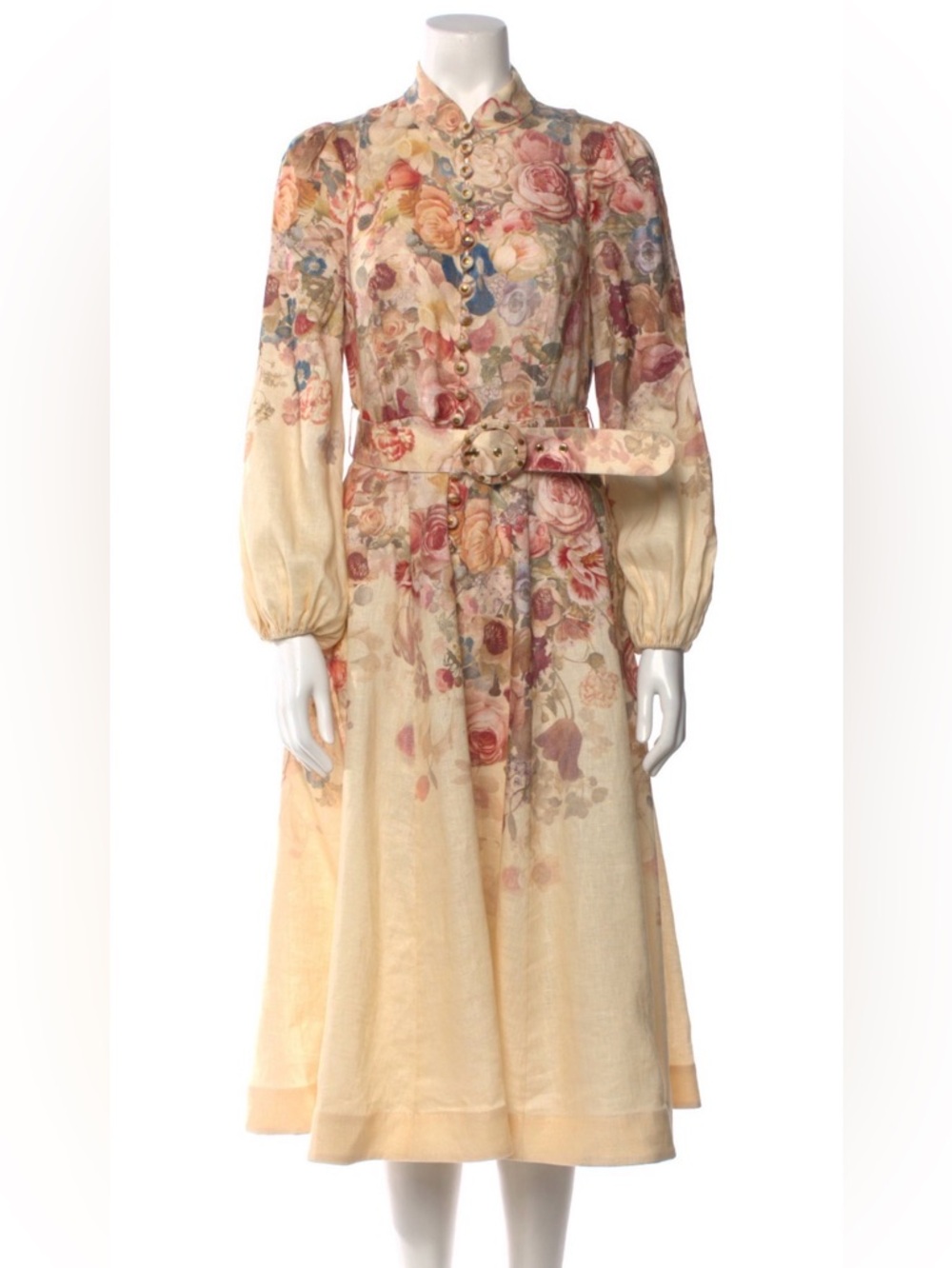 Zimmermann Cream Floral Long-Sleeve Midi Dress with Belt